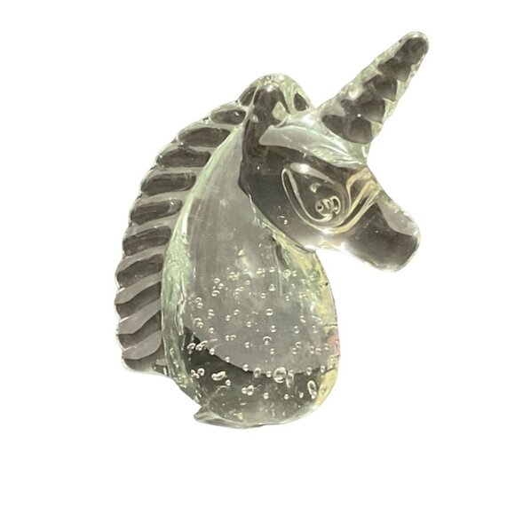 ART GLASS UNICORN PAPERWEIGHT HANDBLOWN CONTROLLED BUBBLES 4" H X 1.75" W X 3" L - Picture 1 of 5